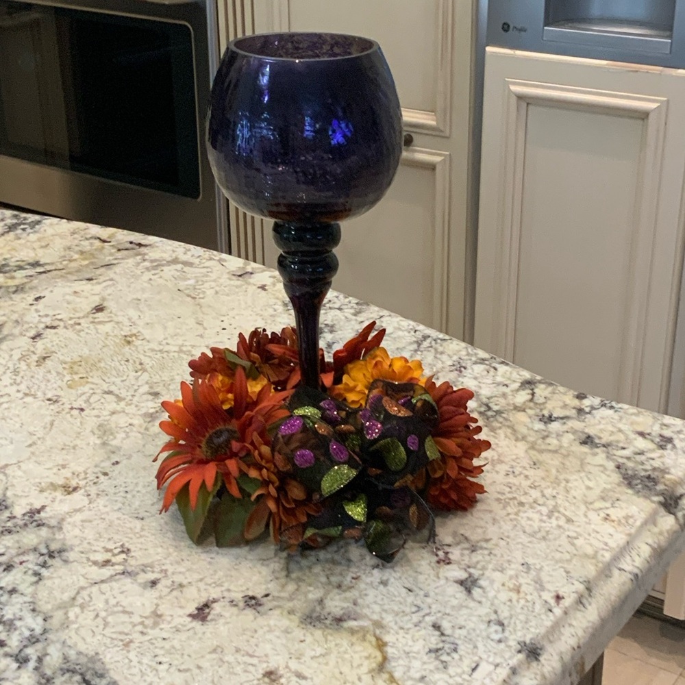 Elegant purple Glass Candle Holder with Autumn Floral Accent